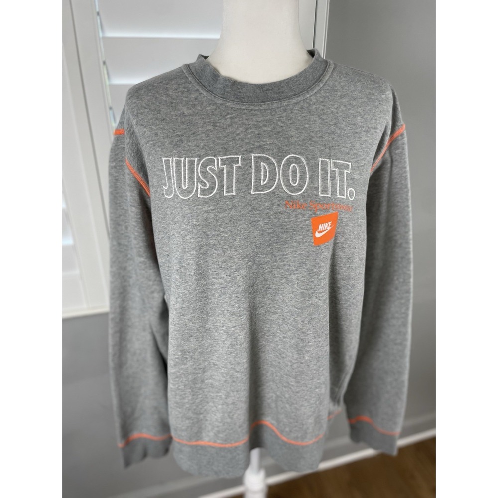 Nike Winter Brushed Fleece Crew Sweatshirt Gray Mens Large JUST DO IT orange L